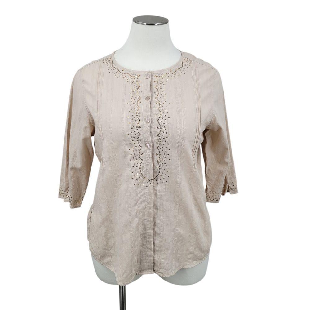 Linen Cotton Vintage Beige Woven Gold Sequins Women's Top Blouse Embroidered